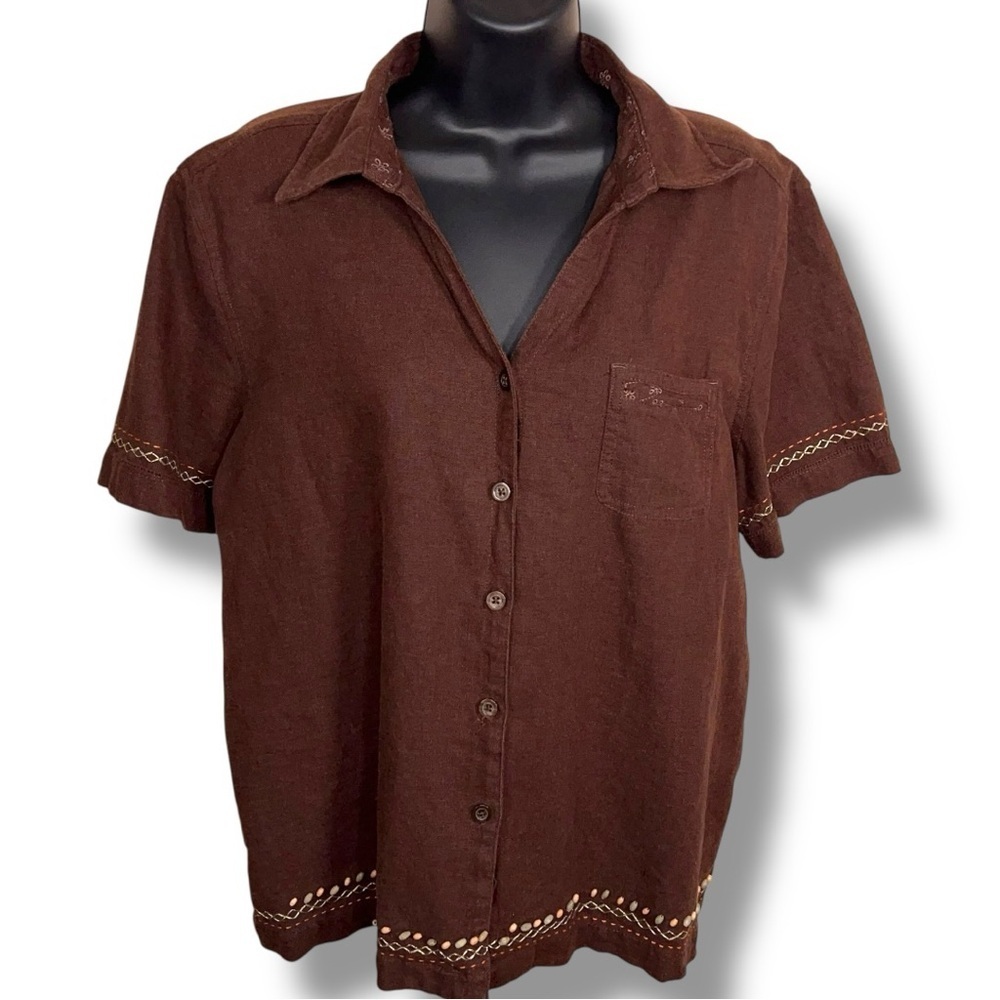 Vintage Large Classic Elements Brown Linen Blend Short Sleeve Button Up Top